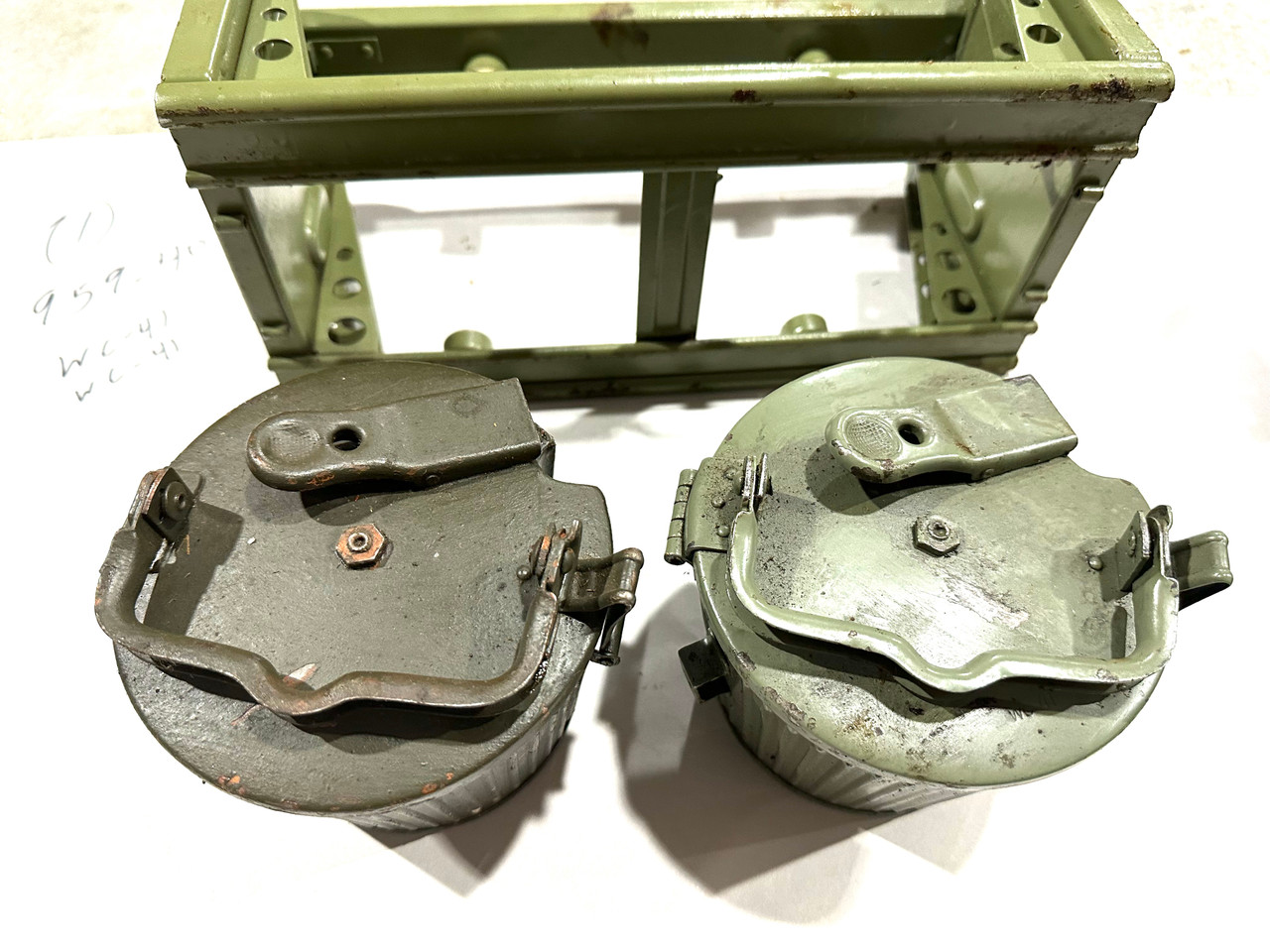 230909-01:  Original WW2 dated Basket Drum and Carrier Set  (Yugo Repainted)  (SHIPS FREE in Lower 48)