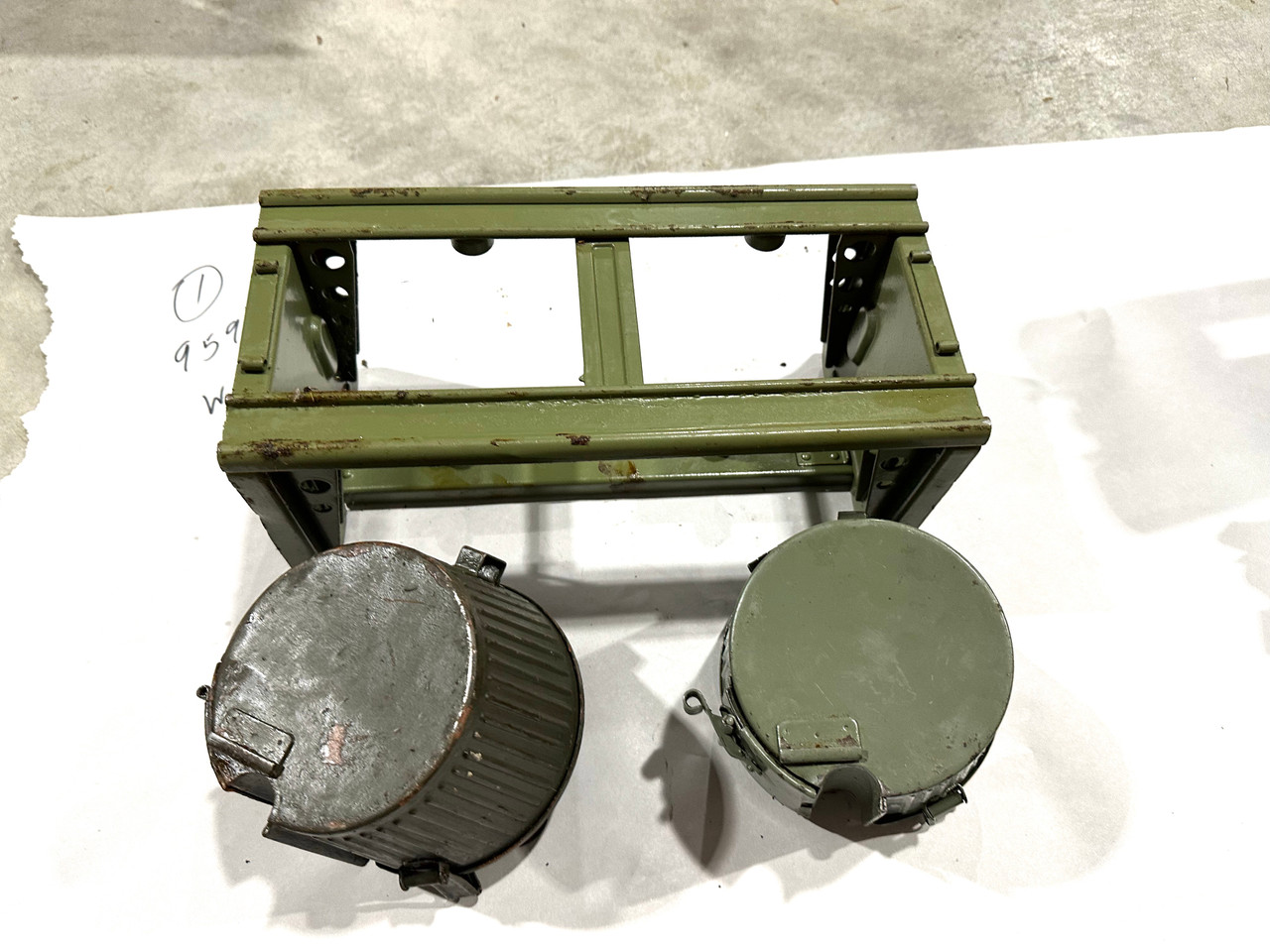230909-01:  Original WW2 dated Basket Drum and Carrier Set  (Yugo Repainted)  (SHIPS FREE in Lower 48)