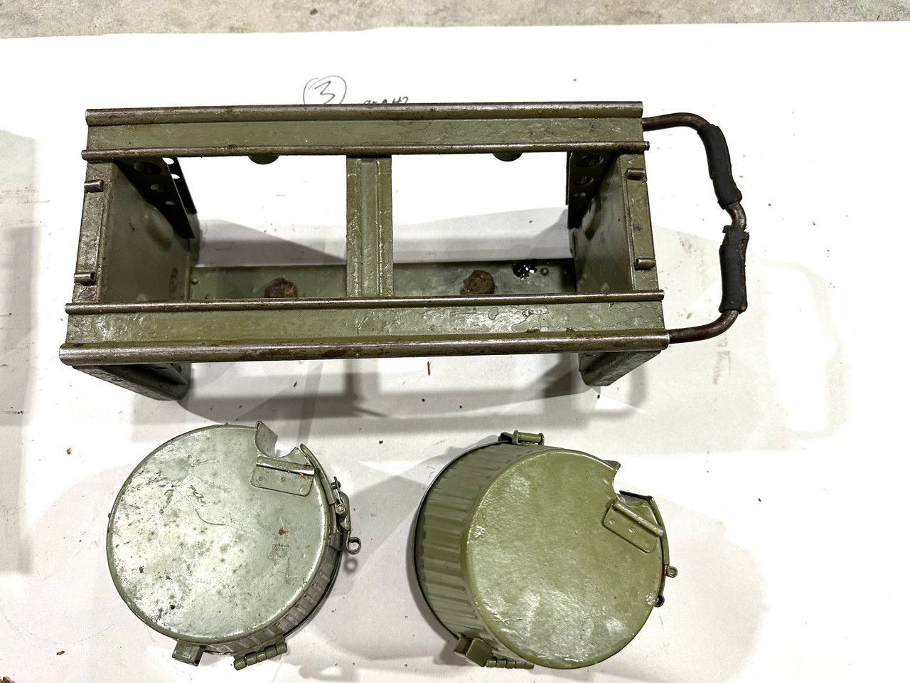 230909-03:  Original WW2 dated Basket Drum and Carrier Set  (Yugo Repainted)  (SHIPS FREE in Lower 48)
