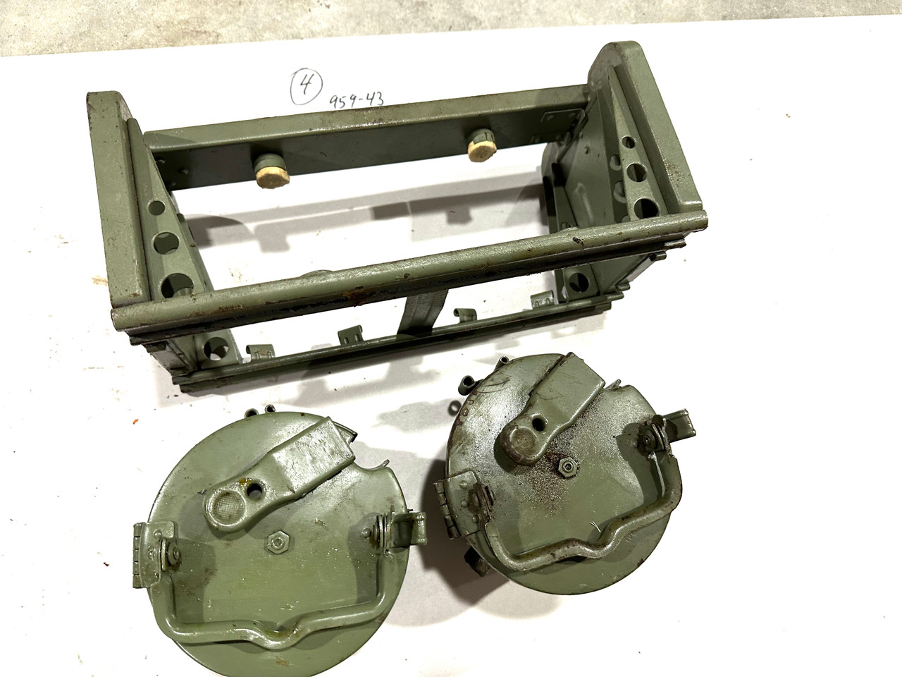 230909-04:  Original WW2 dated Basket Drum and Carrier Set  (Yugo Repainted)  (SHIPS FREE in Lower 48)