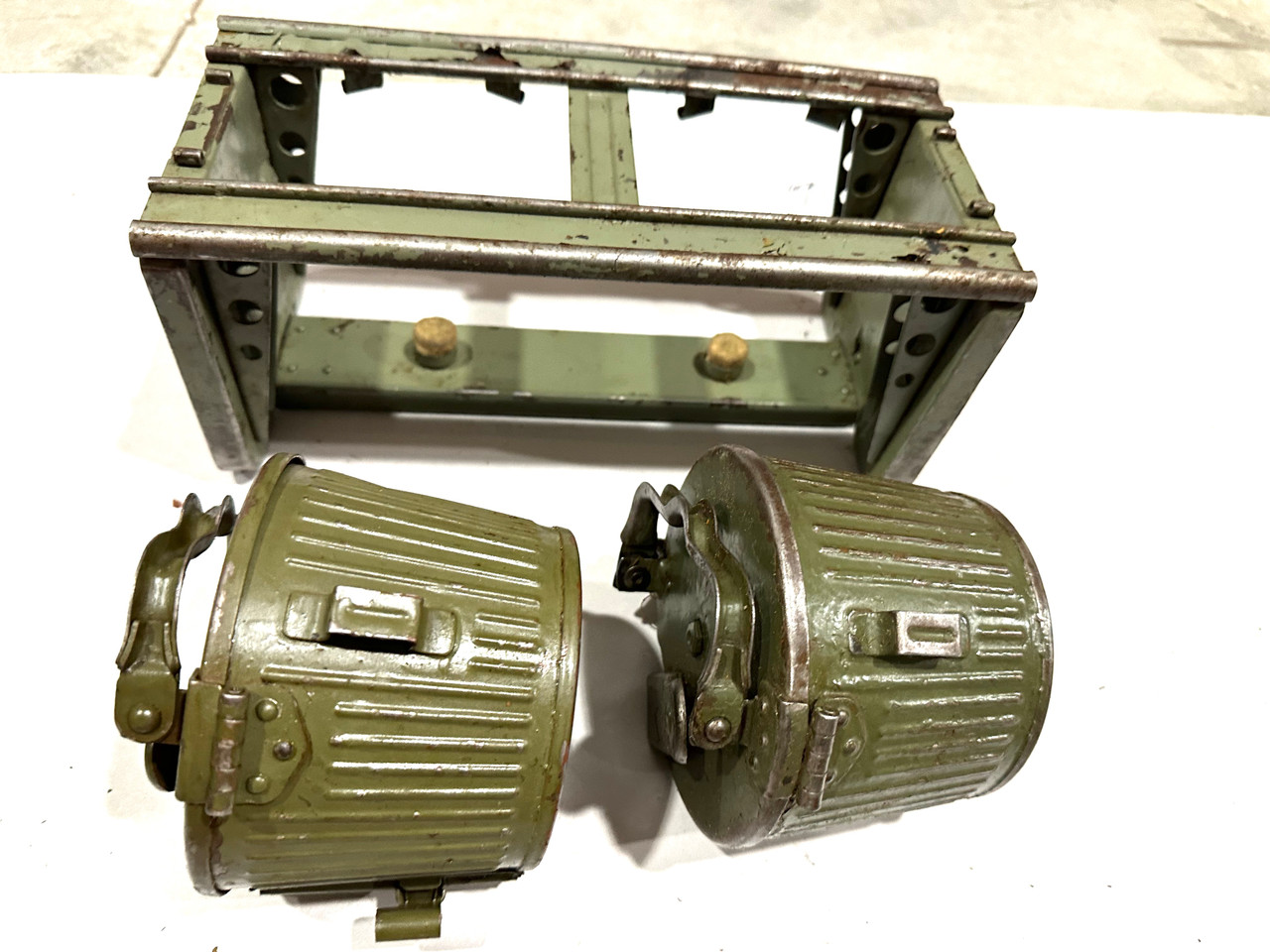 230909-09:  Original WW2 dated Basket Drum and Carrier Set  (Yugo Repainted)  (SHIPS FREE in Lower 48)