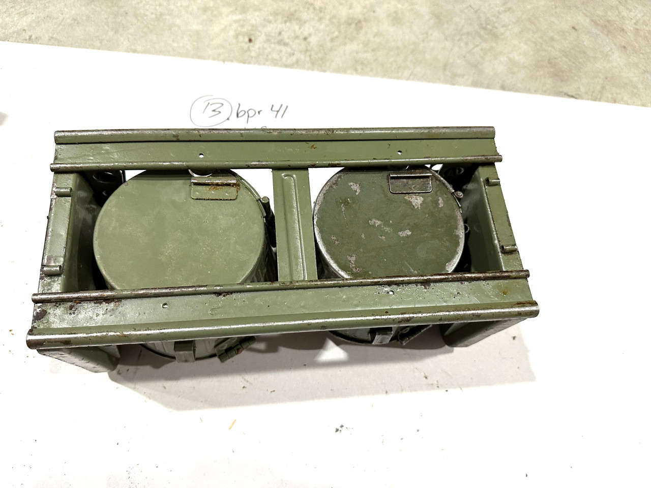 230909-13:  Original WW2 dated Basket Drum and Carrier Set  (Yugo Repainted)  (SHIPS FREE in Lower 48)