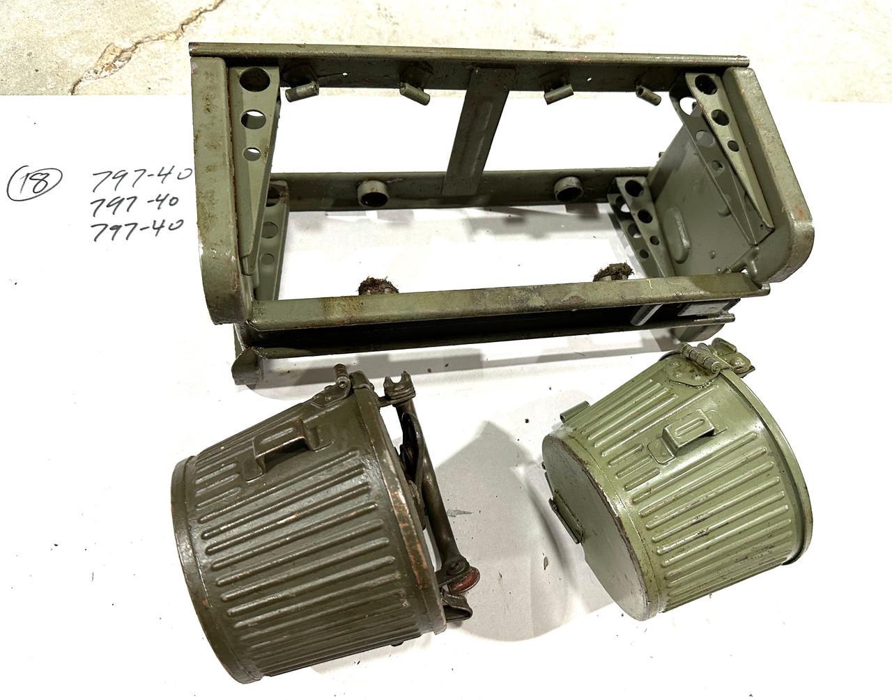230909-18:  Original WW2 dated Basket Drum and Carrier Set  (Yugo Repainted)  (SHIPS FREE in Lower 48)