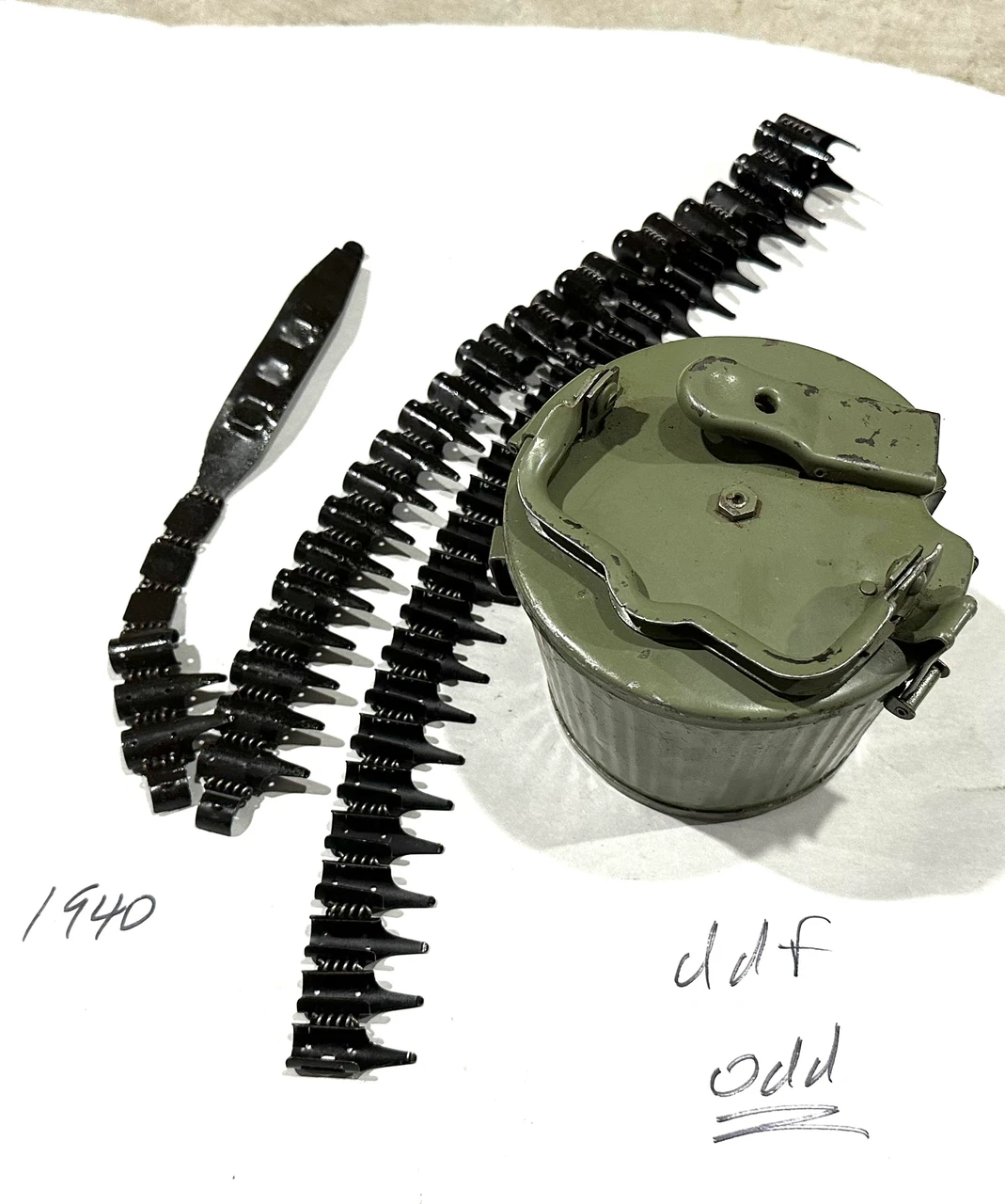 Lot 260918-07:  Original MG34/MG42 Basket Drum with Oddly Placed Marking, Belt, and Tab Set