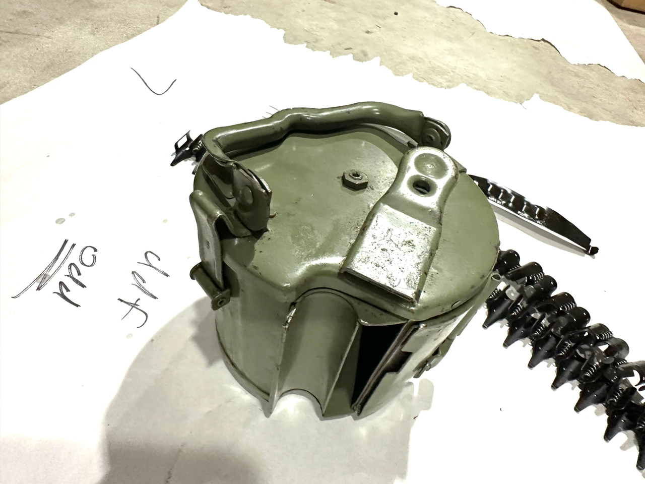 Lot 260918-07:  Original MG34/MG42 Basket Drum with Oddly Placed Marking, Belt, and Tab Set