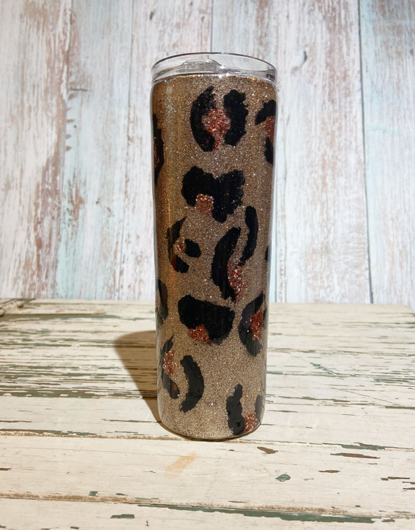 Leopard Print Skinny Glitter Tumbler, Gift for Her, Bridesmaid Gift, Vacation Tumbler