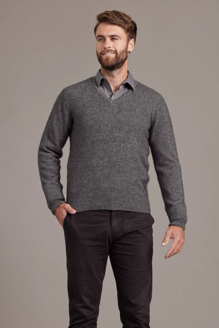 Merino Wool Raglan Sweater with Elbow Patches - Charcoal - Men's