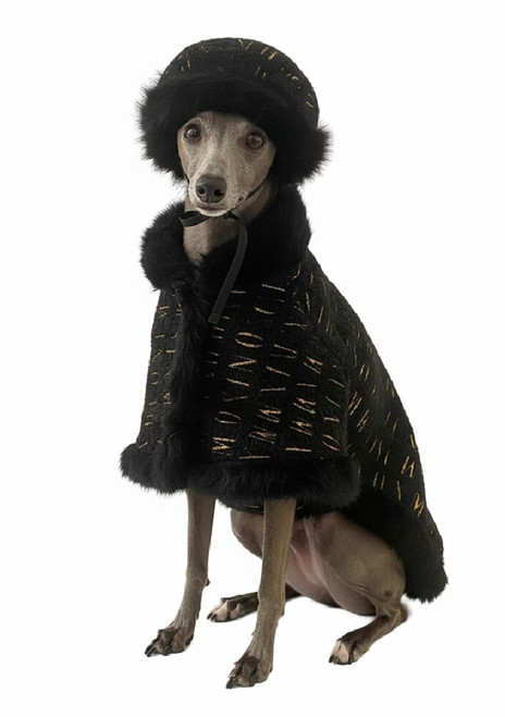 Black and gold metallic wool poncho with sustainable vintage fur collar