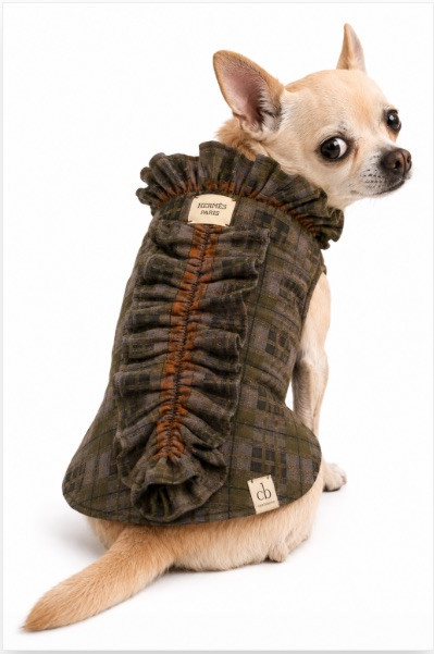 Tan, black and cognac plaid H logo sweater vest puffer