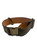 Brown and tan leather logo collar with brass details