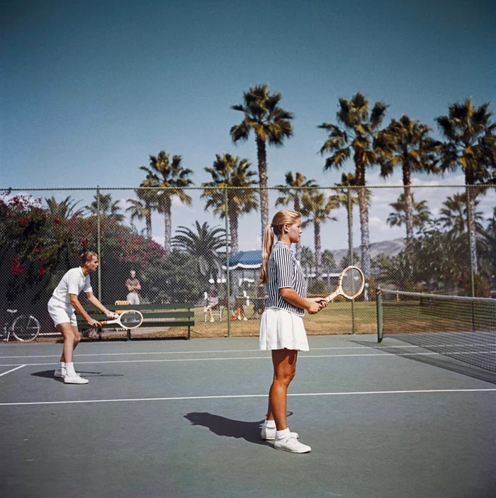 Fifteen year-old Mary Elizabeth Weiss playing tennis at La Jolla Beach and Tennis Club, San Diego, California, USA, 1960.