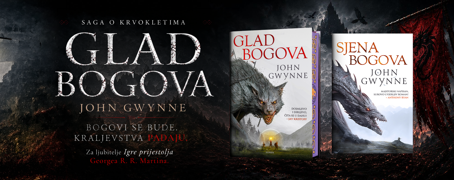 Naslovnice knjige Sjena i Glad bogova na crnoj pozadini
