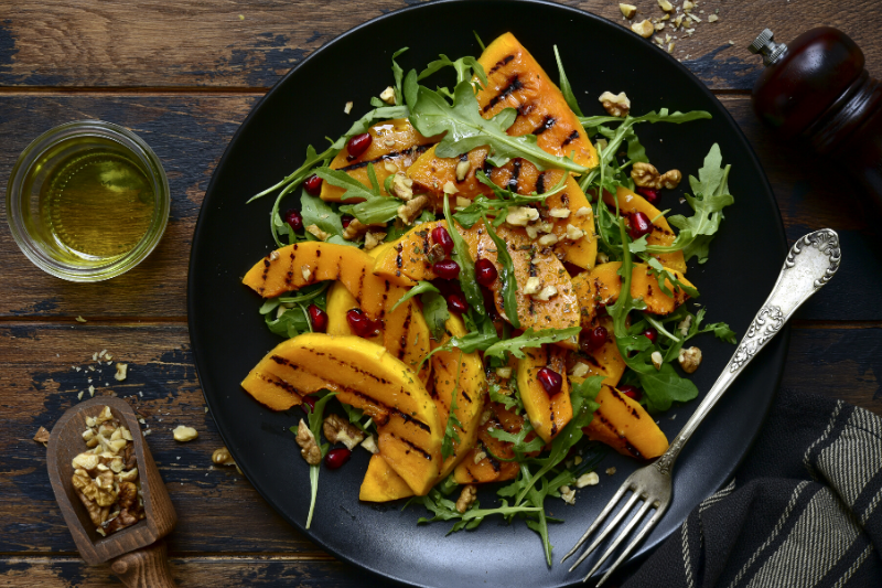 Warm Pumpkin Salad with Maple Garlic Dressing