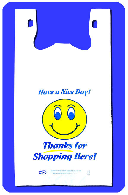 1/6/Barrel Heavy Duty 'Happy Face' Print White EMBOSSED T-SHIRT BAG 18 mic  
