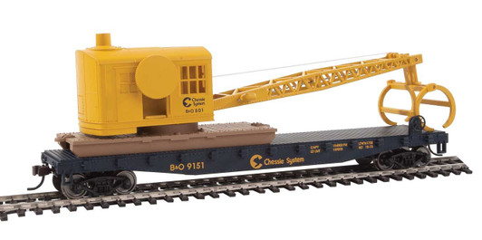 Flatcar with Logging Crane - Ready to Run -- Chessie System-B&O (blue, yellow) Flatcar with Logging Crane - Ready to Run -- Chessie System-B&O (blue, yellow)