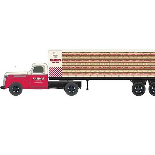 1941-1946 Chevrolet Tractor w/Flatbed Trailer & Load - Assembled - Mini Metals -- Kamm's Beer (red, white) 1941-1946 Chevrolet Tractor w/Flatbed Trailer & Load - Assembled - Mini Metals -- Kamm's Beer (red, white)
