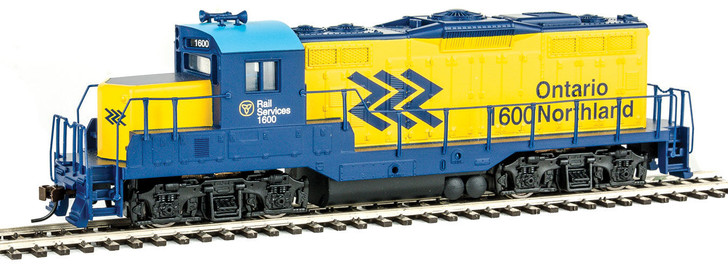 EMD GP9M - Standard DC -- Ontario Northland #1600 (yellow, blue; Chevrons Logo)