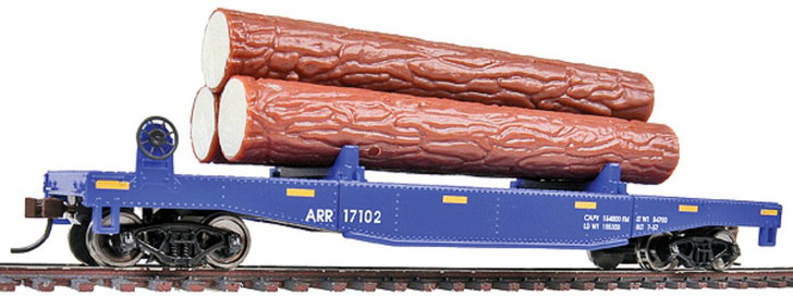 Log Dump Car with 3 Logs - Ready to Run -- Alaska Railroad #17102 (blue, yellow Conspicuity Marks)