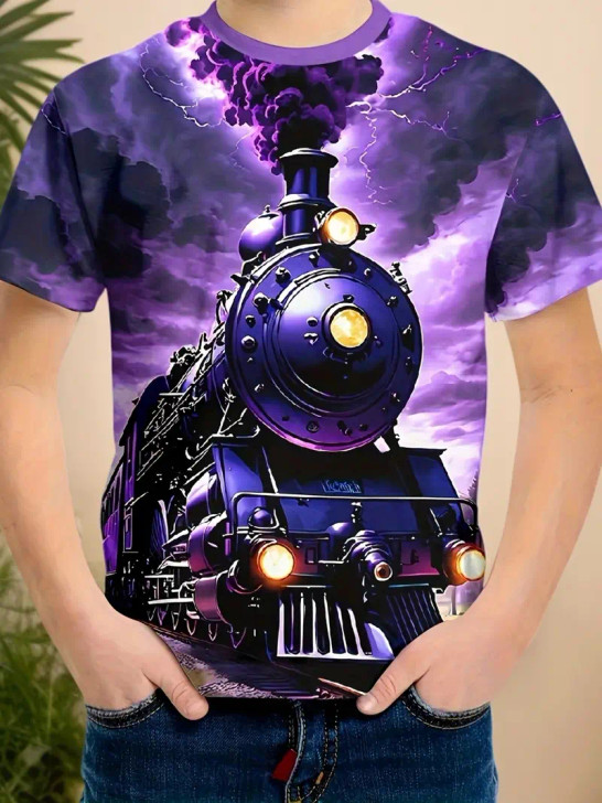 3D  Vibrant Purple & Black Steam Locomotive Shirt Size 5-6