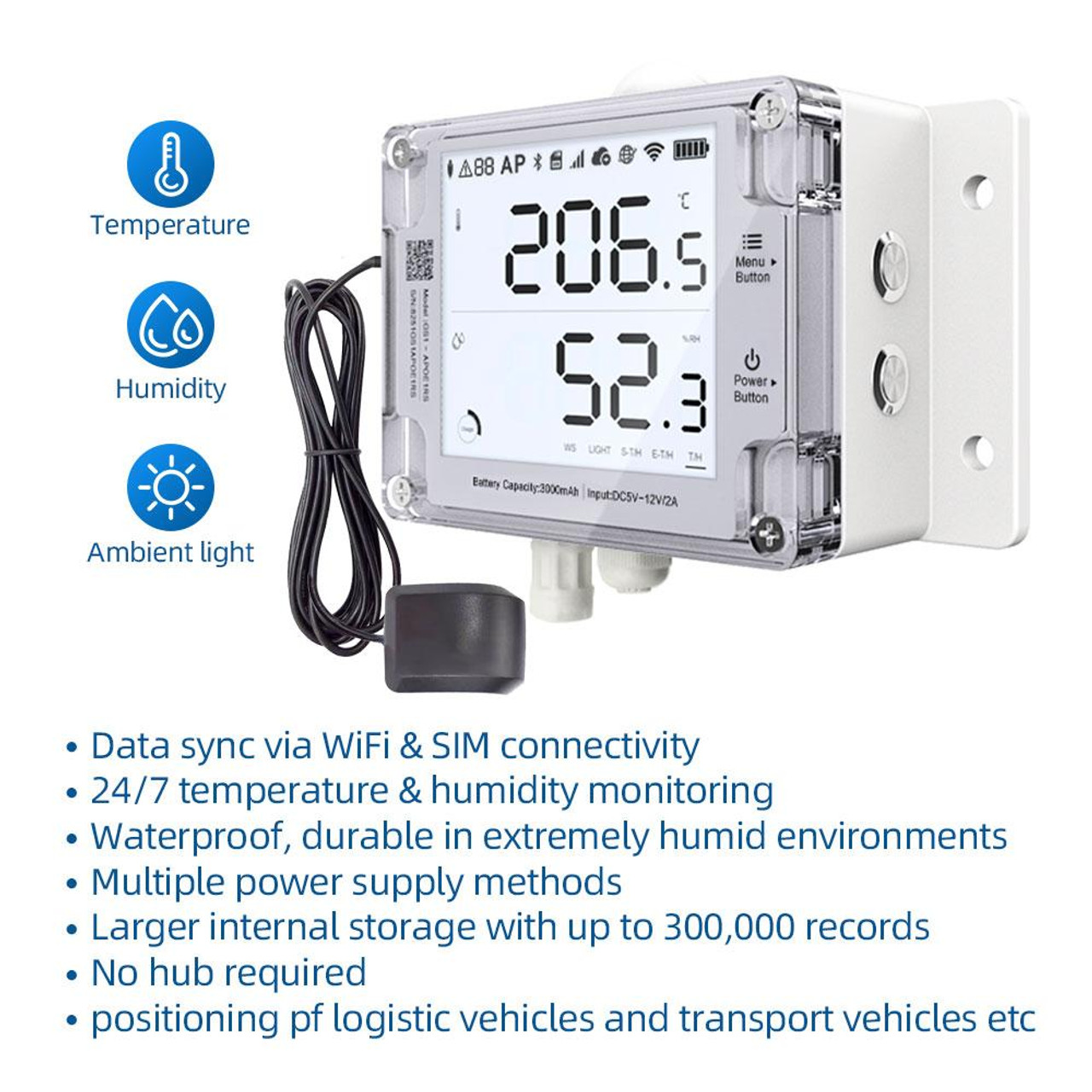 UbiBot Industrial Wireless Remote Temperature Humidity Ambient Light Sensor  2.4GHZ WiFi 24/7 Alerts Data Logger Free iPhone/Android Apps Monitor