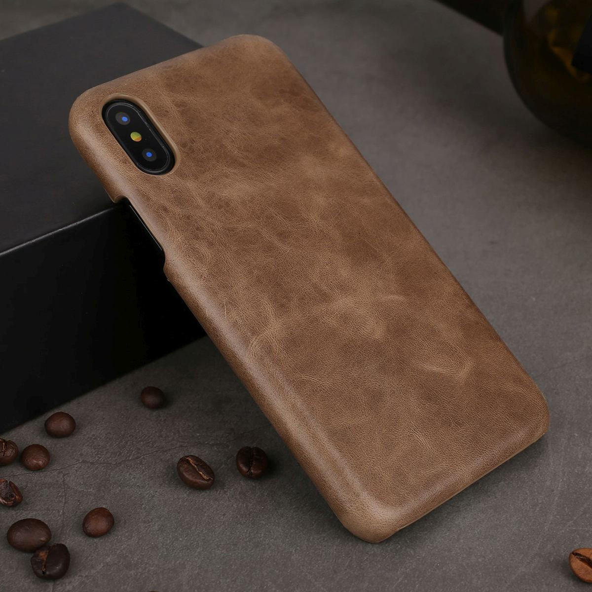 iPhone XS MAX Case Coffee Elegant Genuine Leather Back Shell Cover