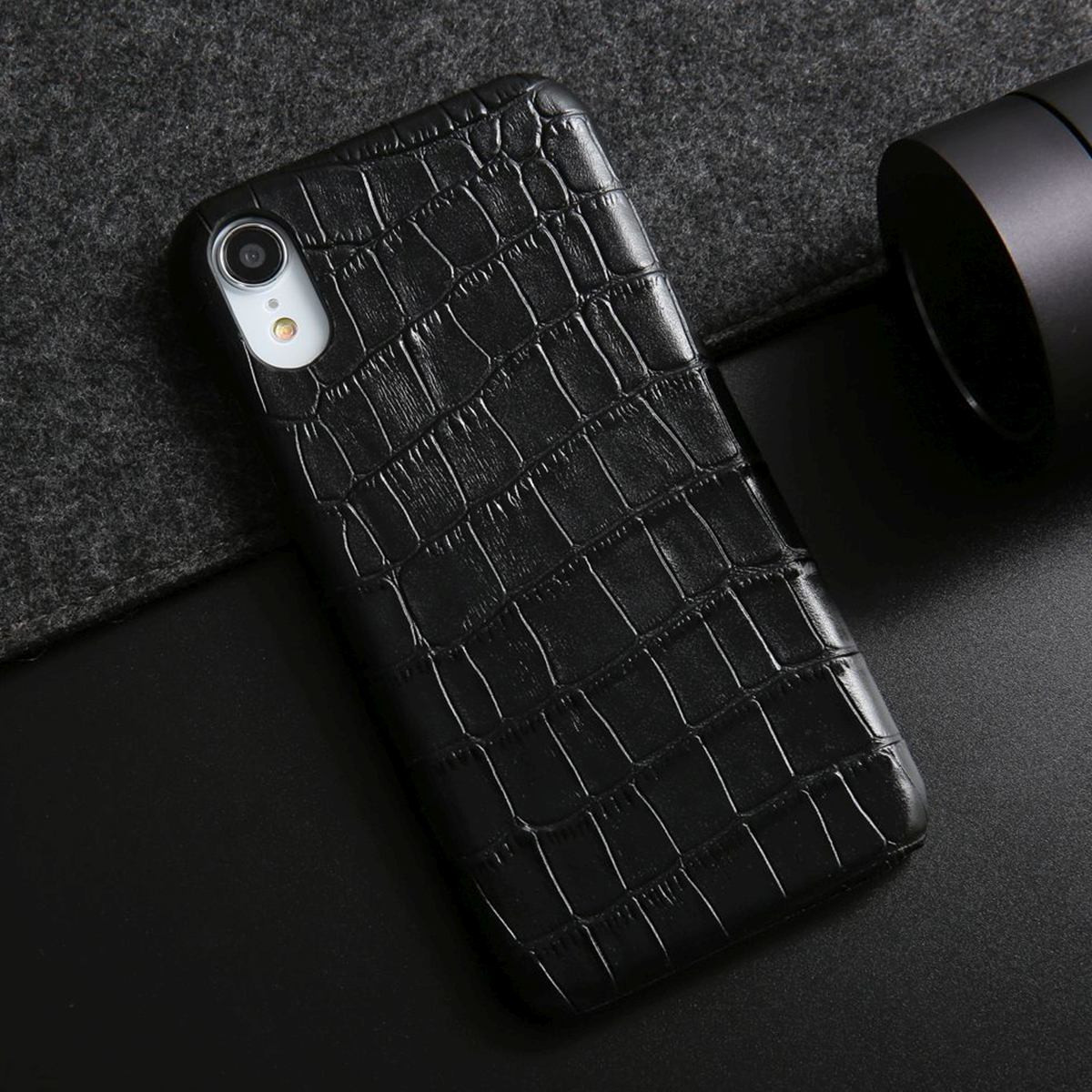 iPhone XR Case Black Genuine Crocodile Leather Back Shell Cover