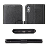 iPhone XS & X Case Black Real Top-grain Cow Leather Wallet Folio Case with 3 Card Slots, 1 Cash Compartment, Impact-proof, and Enhanced Grip | Genuine Leather iPhone XS & X Cases | Genuine Leather iPhone XS & X Covers
