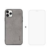 iPhone 11 Pro Case Fabric Texture Grey Cover & Tempered Glass Screen Protector