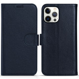 For iPhone 13 Pro Case Fashion Cowhide Genuine Leather Wallet Cover Blue