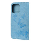 For iPhone 13 Pro Max, 13, 13 Pro, 13 mini Case, Vintage Butterflies Pattern Wallet Cover, Stand, Blue | PU Leather Cases | iCoverLover.com.au