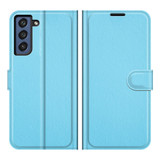 For Samsung Galaxy S21 FE Case, Lychee Texture, Protective PU Leather Wallet Cover, Blue | iCoverLover.com.au