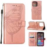 For iPhone 14 Pro Case, Floral Butterfly, PU Leather, Lanyard, Stand, Rose Gold | Wallet Folio Cases | iCoverLover.com.au