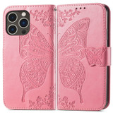 For iPhone 15 Pro Max, 15 Pro, 15 Plus & 15 Case, Butterfly & Floral Embossed PU Leather Wallet Cover, Pink | iCoverLover Australia