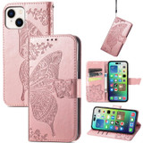 For iPhone 15 Plus Case, Butterfly & Floral Embossed PU Leather Wallet Cover, Rose Gold | iCoverLover Australia