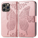 For iPhone 15 Pro Max, 15 Pro, 15 Plus & 15 Case, Butterfly & Floral Embossed PU Leather Wallet Cover, Rose Gold | iCoverLover Australia