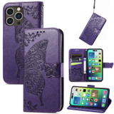 For iPhone 15 Pro Case, Butterfly & Floral Embossed PU Leather Wallet Cover, Dark Purple | iCoverLover Australia