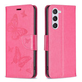 For Samsung Galaxy S24 Case - Embossed Butterflies, Folio Wallet PU Leather Cover, Stand, Rose Red | iCoverLover.com.au
