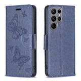 For Samsung Galaxy S24 Ultra Case - Embossed Butterflies, Folio Wallet PU Leather Cover, Stand, Blue | iCoverLover.com.au