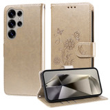 For Samsung Galaxy S25 Ultra PU Leather Case - Embossed Butterfly & Flower Design, Card Holder & Stand, Gold | iCoverLover.com.au