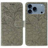 For iPhone 17 Pro Wallet Case - Elegant Lace Flower PU Leather Folio Cover, Grey | iCoverLover.com.au