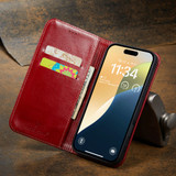 For iPhone 16 Plus Case, Fierre Shann Genuine Cowhide Leather Wallet Cover, Red | iCoverLover Australia