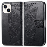 For iPhone 15 Plus Case, Butterfly & Floral Embossed PU Leather Wallet Cover, Black | iCoverLover Australia