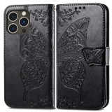 For iPhone 15 Pro Max Case, Butterfly & Floral Embossed PU Leather Wallet Cover, Black | iCoverLover Australia