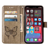 For iPhone 14 Pro Case, Embossed Floral Butterfly, PU Leather Wallet Cover, Lanyard, Stand, Grey | iCoverLover Australia