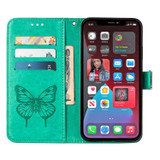 For iPhone 14 Pro Case, Embossed Floral Butterfly, PU Leather Wallet Cover, Lanyard, Stand, Green | iCoverLover Australia
