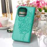 For iPhone 14 Pro Max Case, Embossed Floral Butterfly, PU Leather Wallet Cover, Lanyard, Stand, Green | iCoverLover Australia