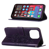 For iPhone 14 Pro Max Case, Embossed Floral Butterfly, PU Leather Wallet Cover, Lanyard, Stand, Dark Purple | iCoverLover Australia