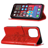 For iPhone 14 Pro Max Case, Embossed Floral Butterfly, PU Leather Wallet Cover, Lanyard, Stand, Red | iCoverLover Australia