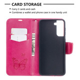 For Samsung Galaxy S21+ Plus Case Butterflies Emboss Folio PU Leather Cover, Wallet, Kickstand & Lanyard, Rose Red | iCoverLover Australia