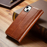 For iPhone 14 Case Fierre Shann Genuine Cowhide Leather Wallet Cover Brown | iCoverLover Australia